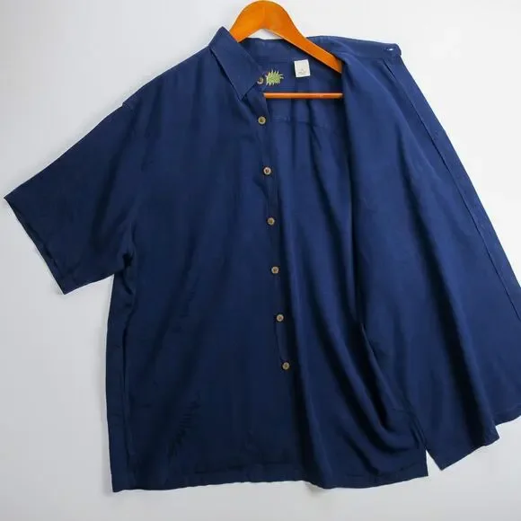 Caribbean 100% Silk Shirt Mens XL Navy Palm Textured Tropical Short Sleeve - Picture 6 of 11